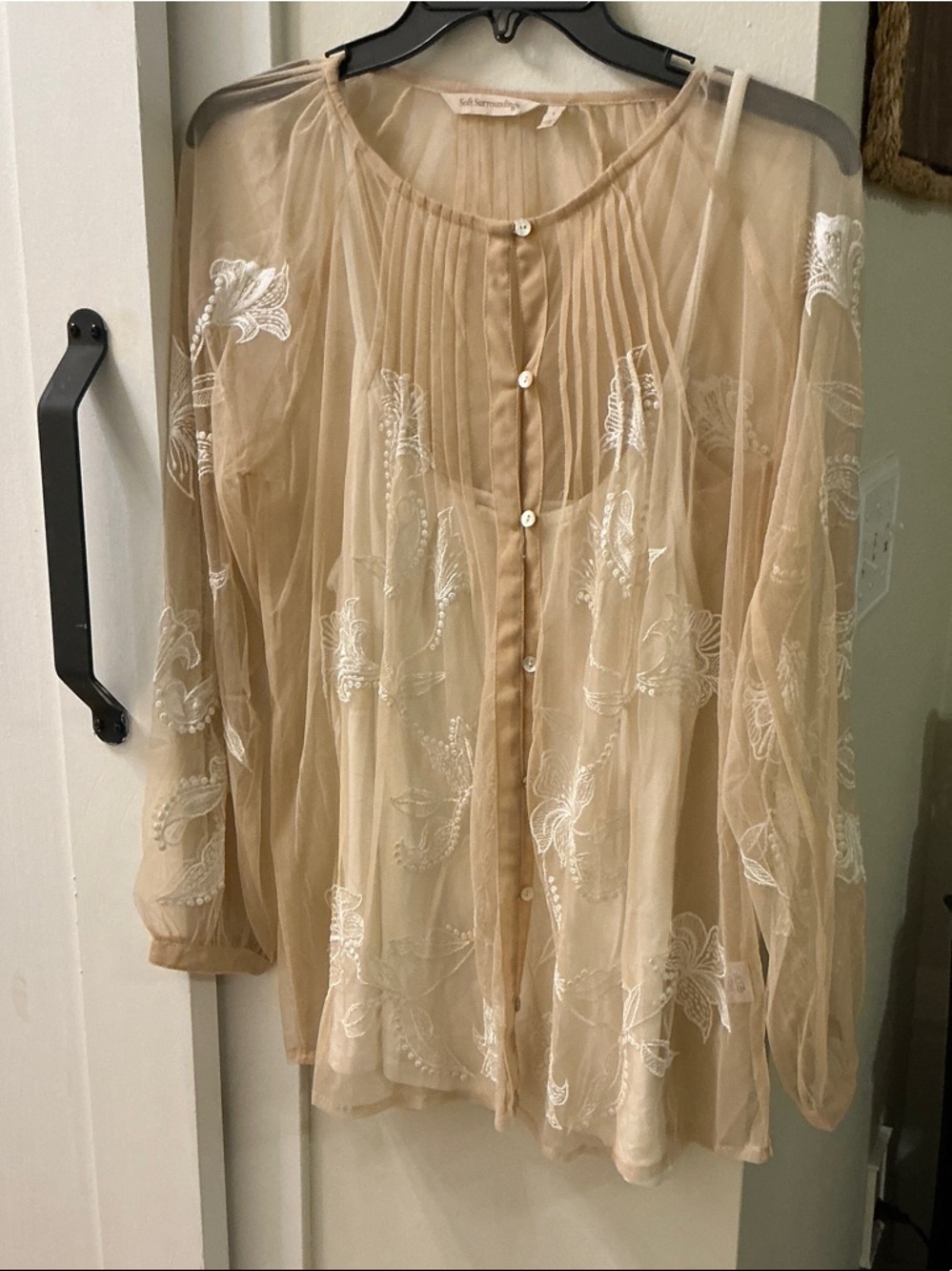 Soft Surroundings Sheer Nude Embroidered Button-Front Blouse